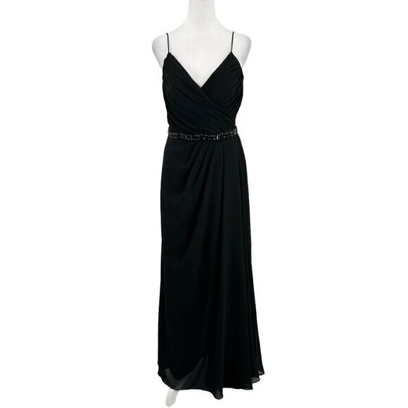 Lillian’s V Neck Faux Wrap Beaded Banding Waist Black Formal Dress Gown Size 6 - Picture 1 of 16